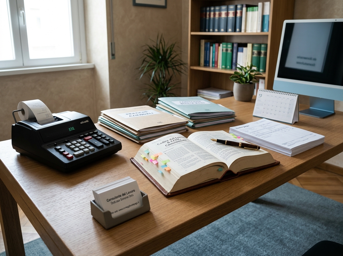 Scrivania di studio con documenti di lavoro e contratti, senza persone